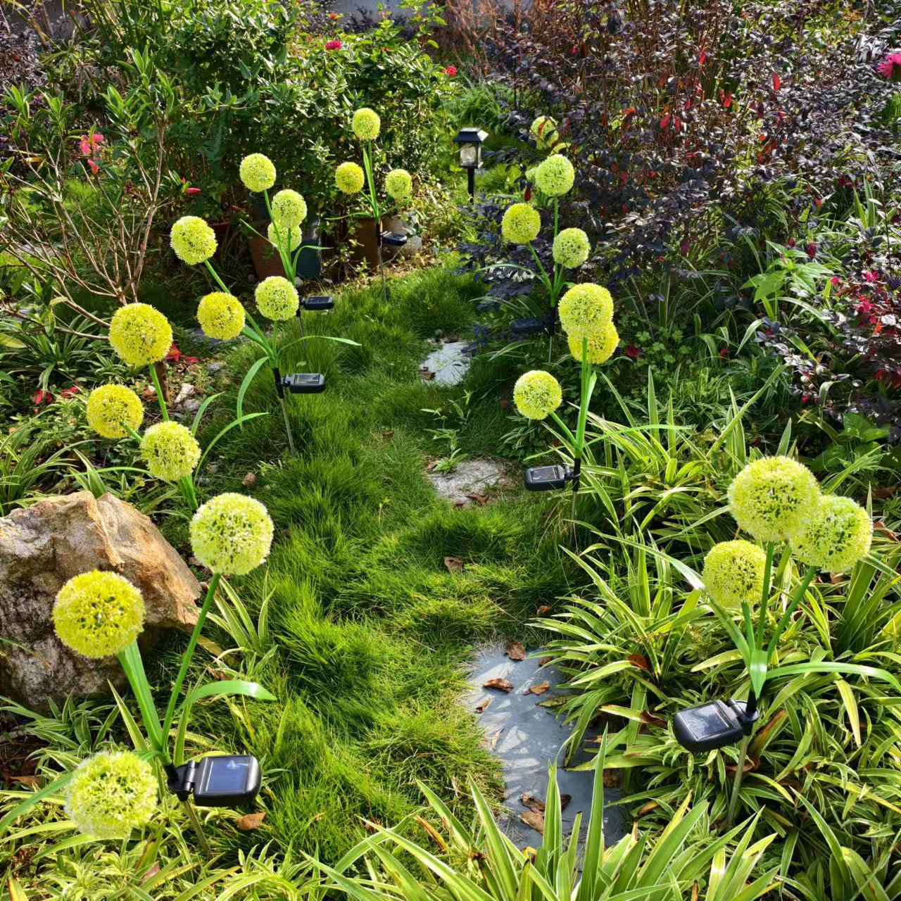 Modern Art Deco Solar Waterproof Stainless Steel ABS Copper Wire Dandelion Plant Ball Ground Plug LED Outdoor Light Landscape Lighting For Garden Cuvalon