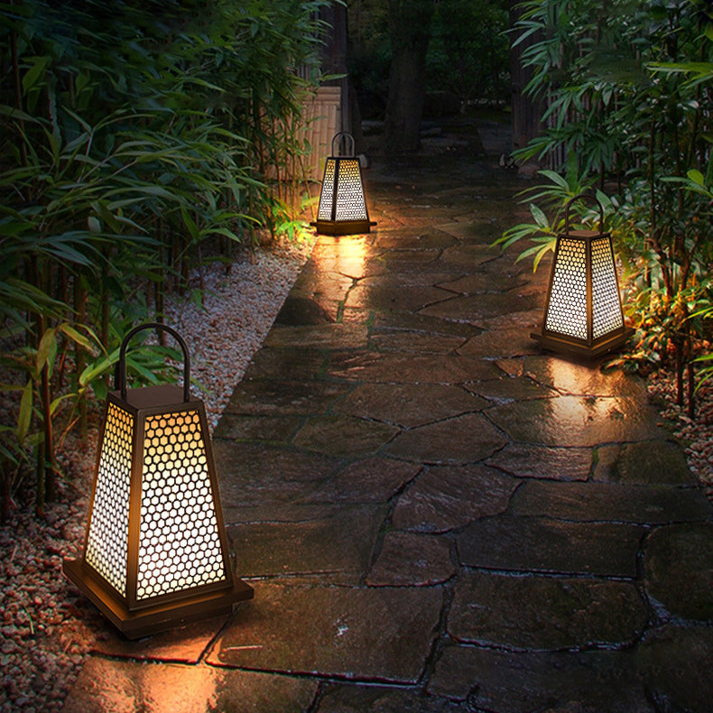 Traditional Japanese Solar Waterproof Stainless Steel Acrylic Trapezoidal Honeycombed Lantern LED Outdoor Light Landscape Lighting For Garden Cuvalon