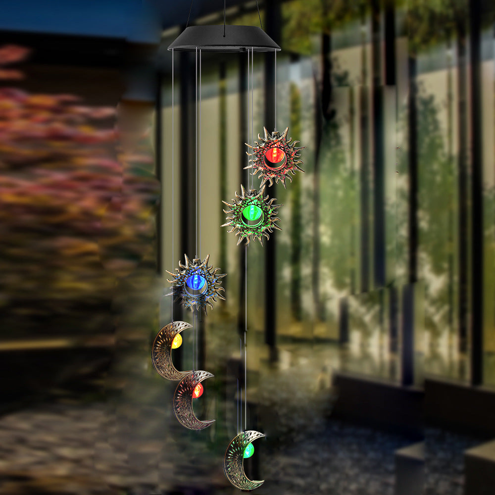 Contemporary Boho Solar Waterproof ABS Metal Moon Sun Star Decoration Wind Chime Hanging LED Outdoor Light Landscape Lighting For Outdoor Patio Cuvalon