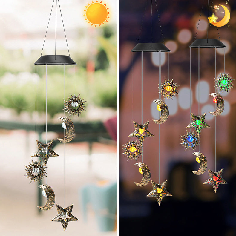 Contemporary Boho Solar Waterproof ABS Metal Moon Sun Star Decoration Wind Chime Hanging LED Outdoor Light Landscape Lighting For Outdoor Patio Cuvalon