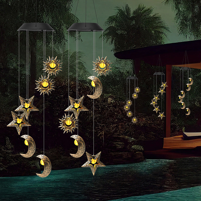 Contemporary Boho Solar Waterproof ABS Metal Moon Sun Star Decoration Wind Chime Hanging LED Outdoor Light Landscape Lighting For Outdoor Patio Cuvalon