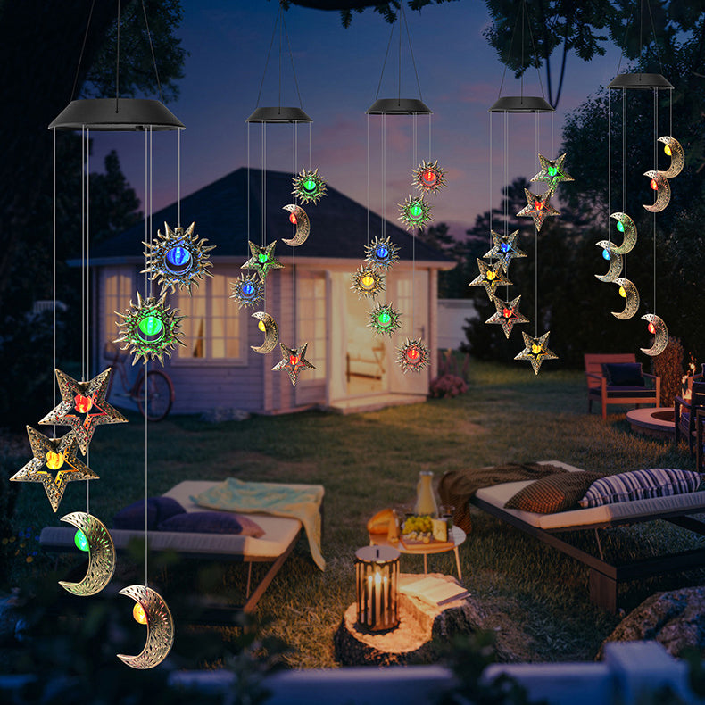 Contemporary Boho Solar Waterproof ABS Metal Moon Sun Star Decoration Wind Chime Hanging LED Outdoor Light Landscape Lighting For Outdoor Patio Cuvalon