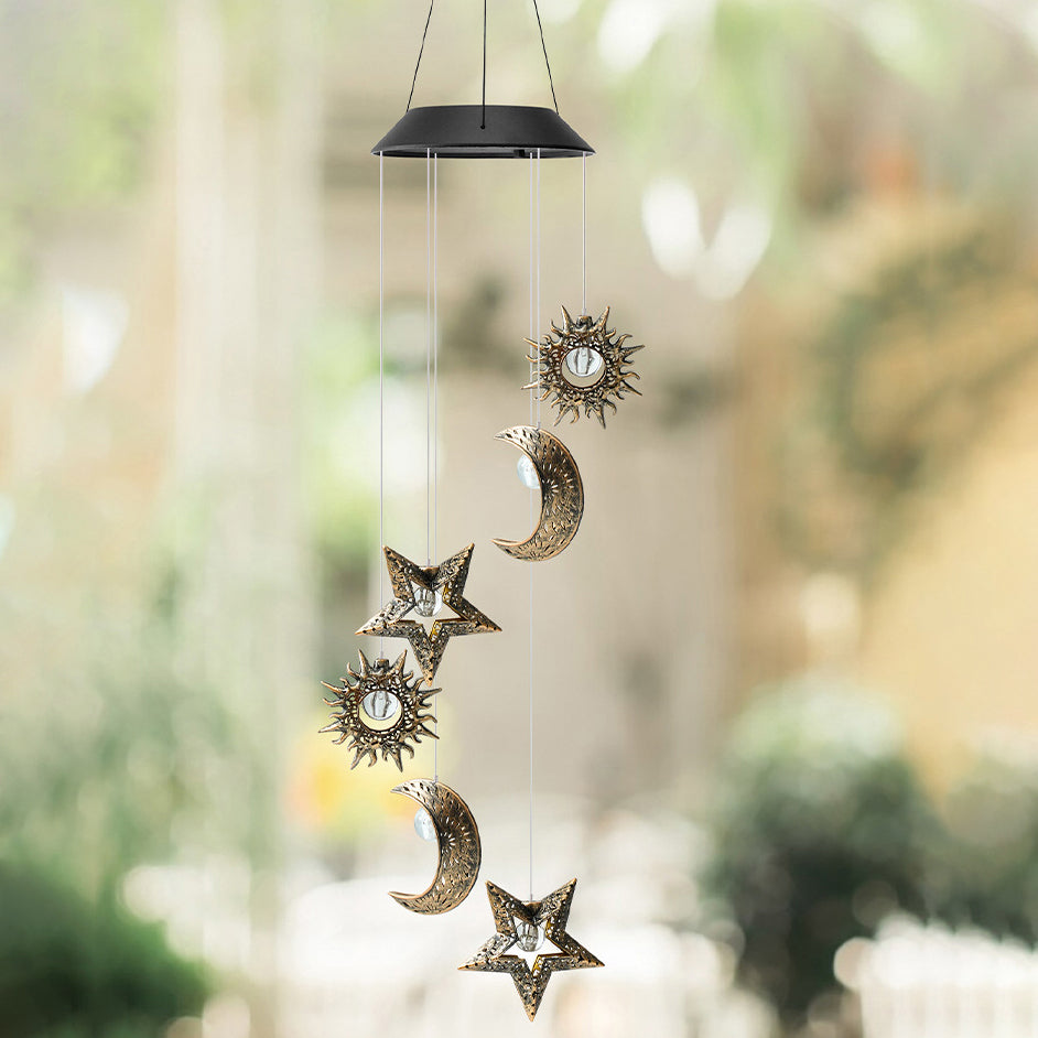 Contemporary Boho Solar Waterproof ABS Metal Moon Sun Star Decoration Wind Chime Hanging LED Outdoor Light Landscape Lighting For Outdoor Patio Cuvalon