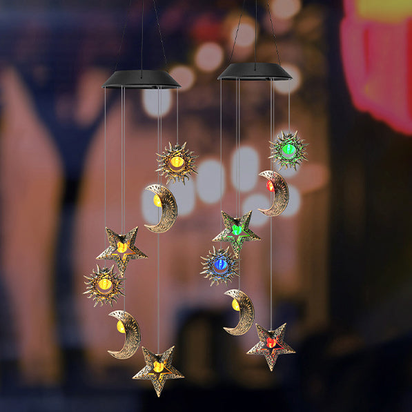 Contemporary Boho Solar Waterproof ABS Metal Moon Sun Star Decoration Wind Chime Hanging LED Outdoor Light Landscape Lighting For Outdoor Patio Cuvalon