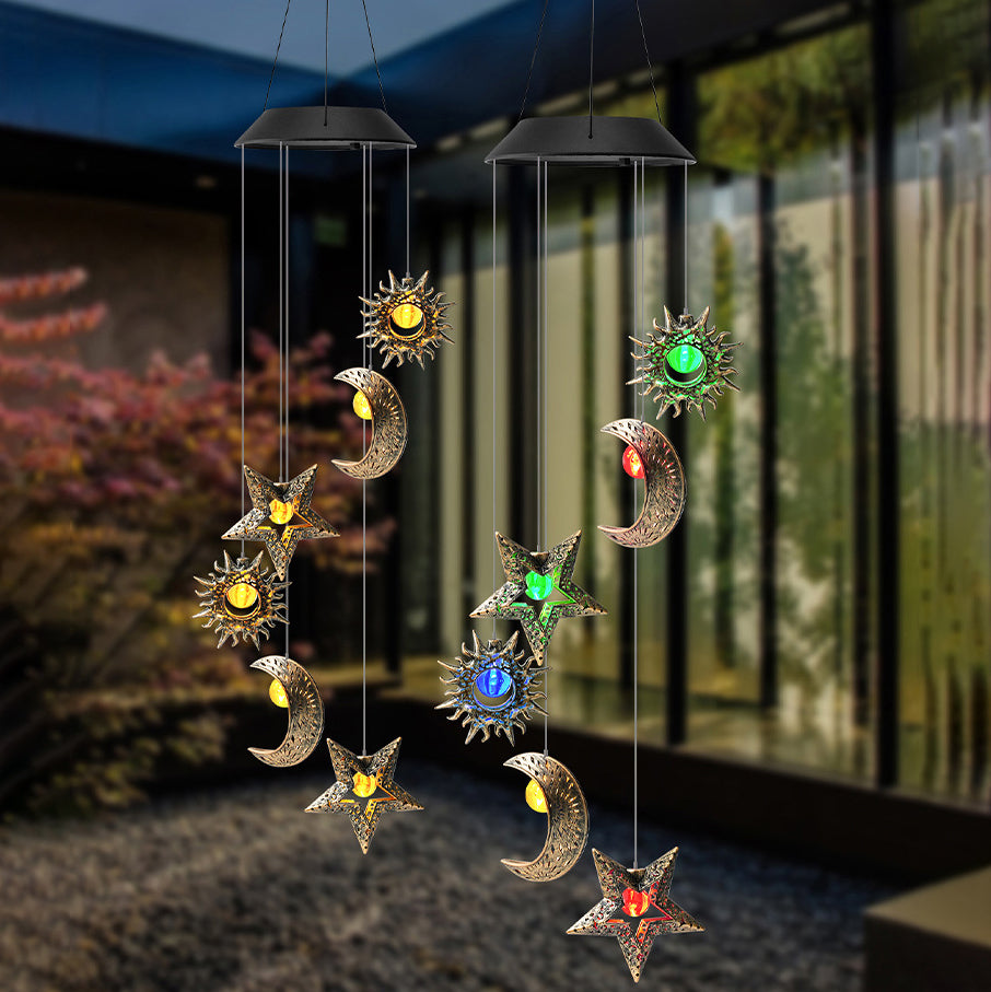 Contemporary Boho Solar Waterproof ABS Metal Moon Sun Star Decoration Wind Chime Hanging LED Outdoor Light Landscape Lighting For Outdoor Patio Cuvalon