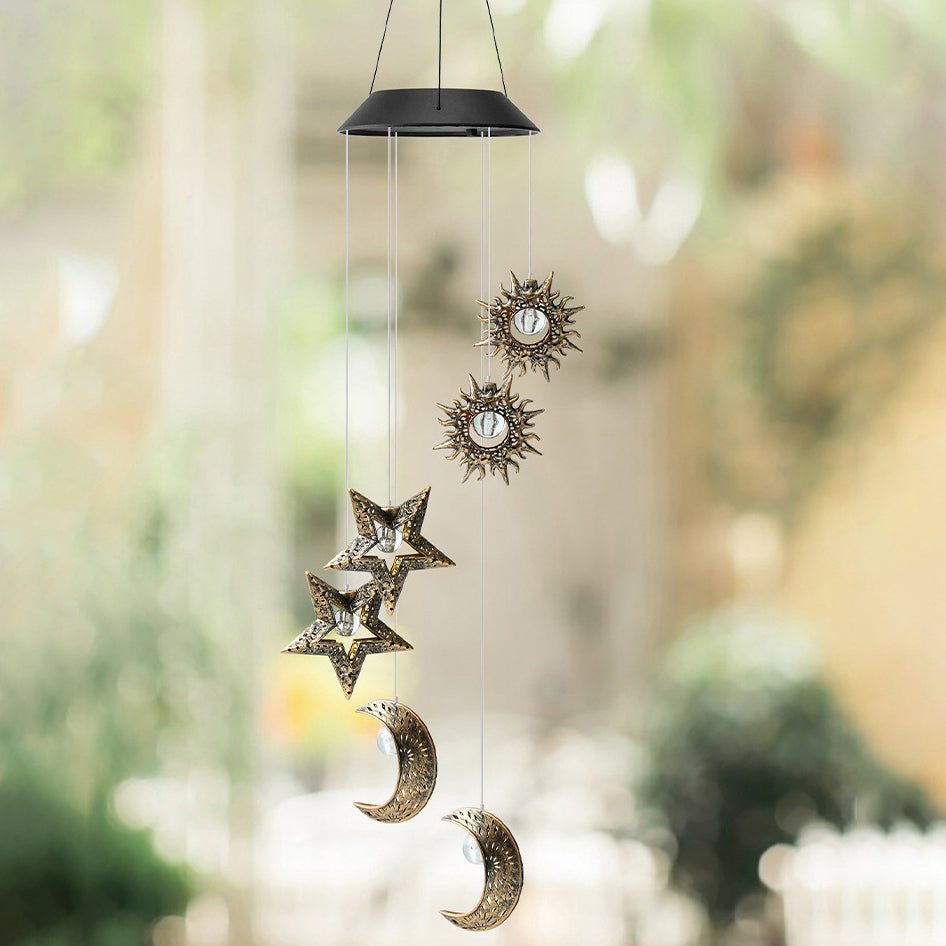 Contemporary Boho Solar Waterproof ABS Metal Moon Sun Star Decoration Wind Chime Hanging LED Outdoor Light Landscape Lighting For Outdoor Patio Cuvalon