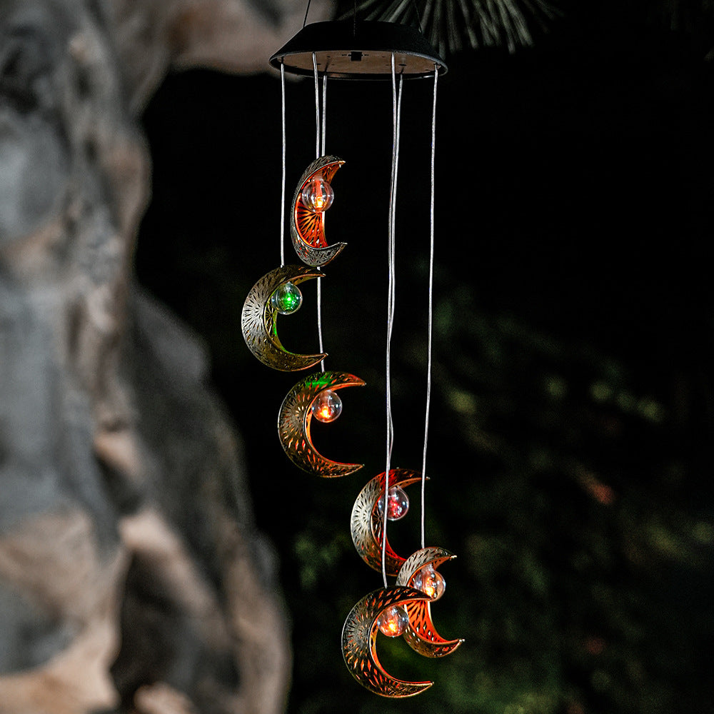 Contemporary Boho Solar Waterproof ABS Metal Moon Sun Star Decoration Wind Chime Hanging LED Outdoor Light Landscape Lighting For Outdoor Patio Cuvalon