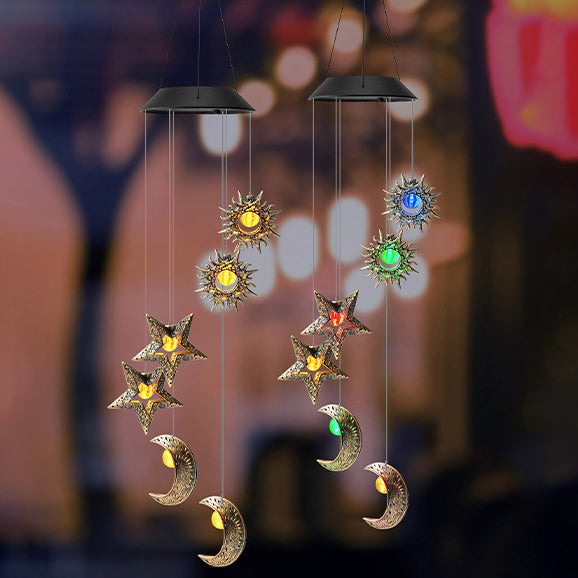 Contemporary Boho Solar Waterproof ABS Metal Moon Sun Star Decoration Wind Chime Hanging LED Outdoor Light Landscape Lighting For Outdoor Patio Cuvalon