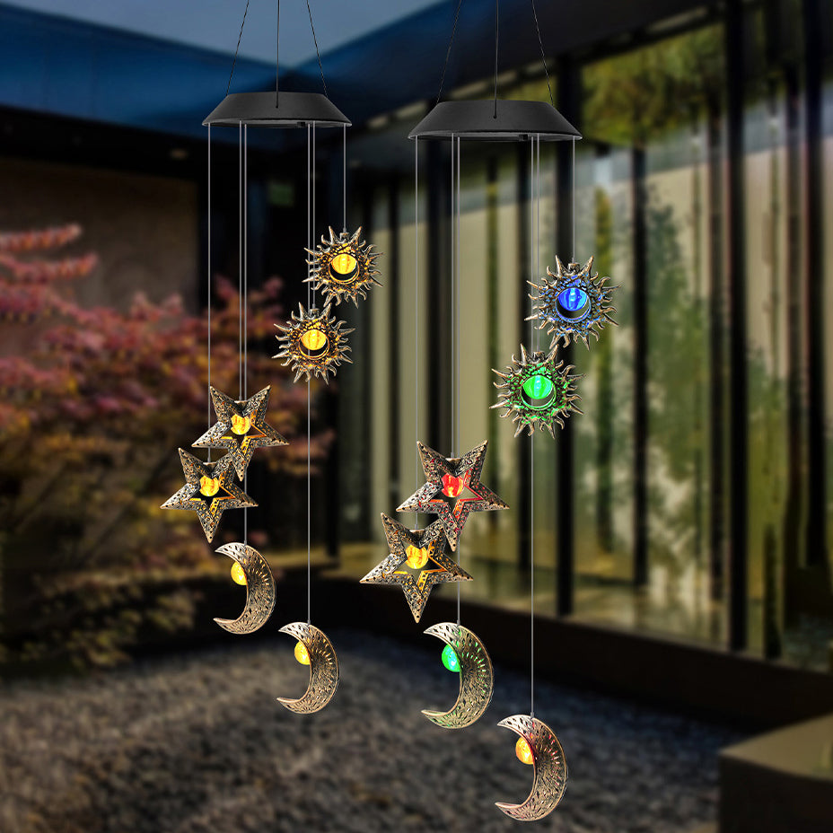 Contemporary Boho Solar Waterproof ABS Metal Moon Sun Star Decoration Wind Chime Hanging LED Outdoor Light Landscape Lighting For Outdoor Patio Cuvalon