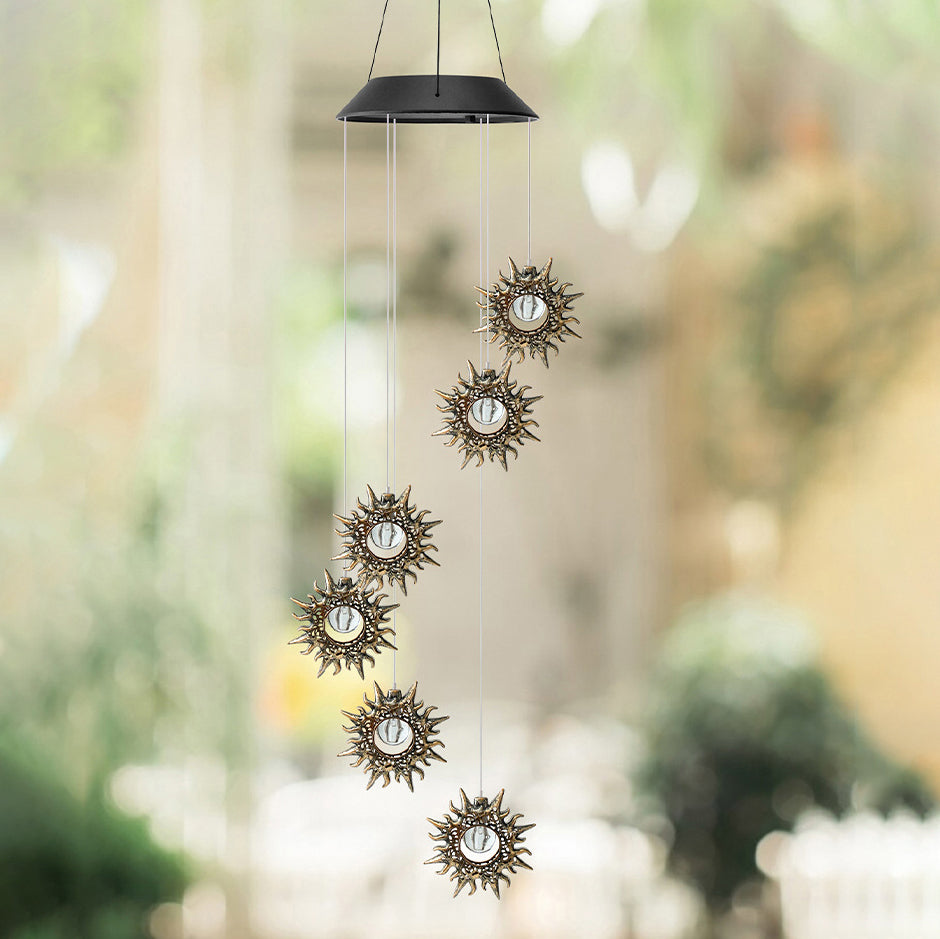 Contemporary Boho Solar Waterproof ABS Metal Moon Sun Star Decoration Wind Chime Hanging LED Outdoor Light Landscape Lighting For Outdoor Patio Cuvalon