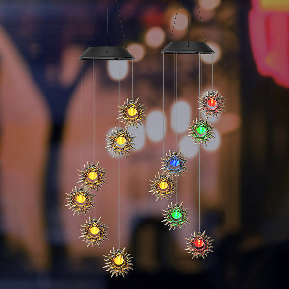 Contemporary Boho Solar Waterproof ABS Metal Moon Sun Star Decoration Wind Chime Hanging LED Outdoor Light Landscape Lighting For Outdoor Patio Cuvalon