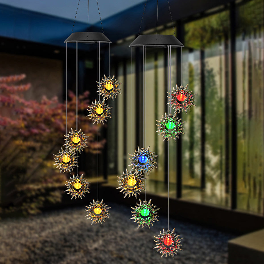 Contemporary Boho Solar Waterproof ABS Metal Moon Sun Star Decoration Wind Chime Hanging LED Outdoor Light Landscape Lighting For Outdoor Patio Cuvalon