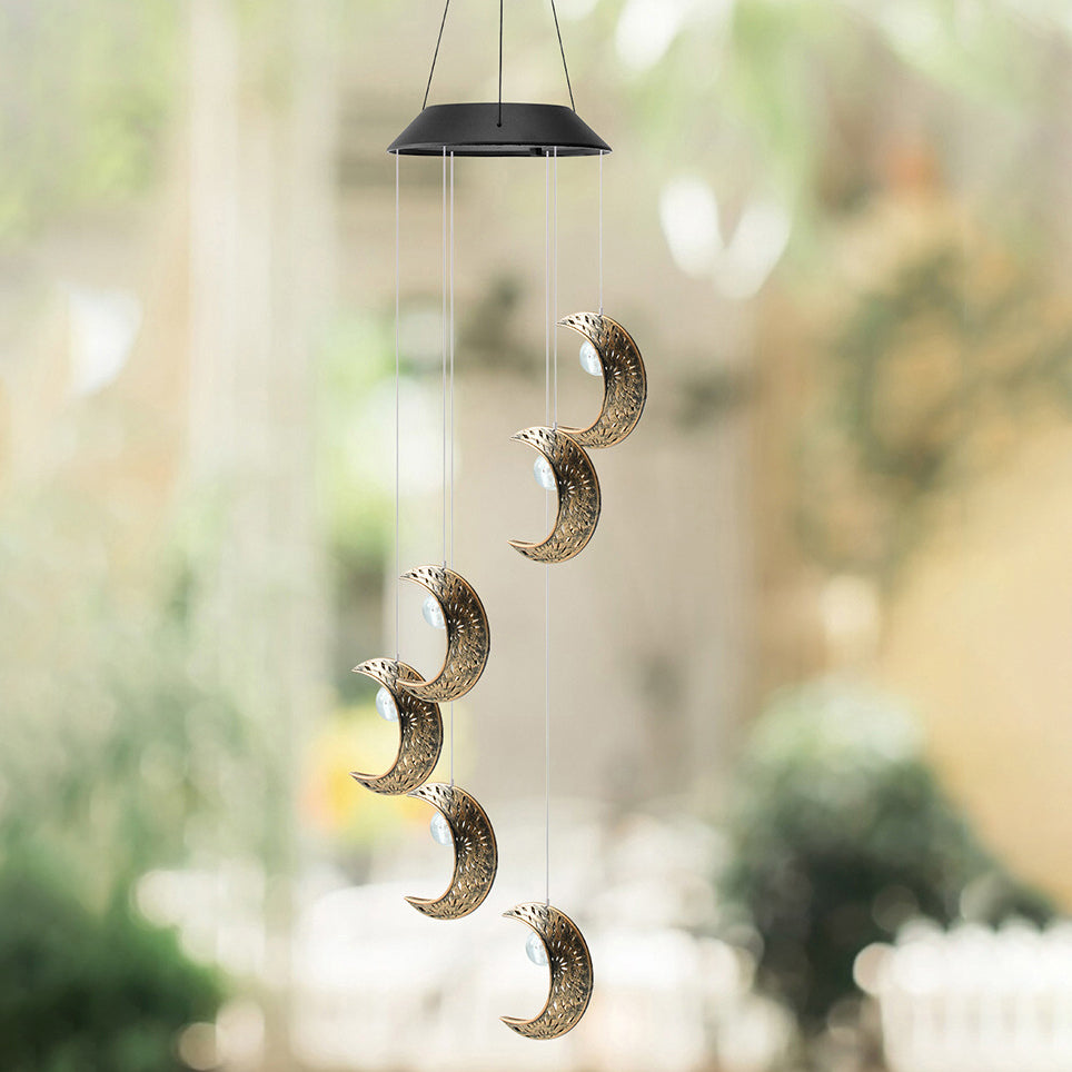 Contemporary Boho Solar Waterproof ABS Metal Moon Sun Star Decoration Wind Chime Hanging LED Outdoor Light Landscape Lighting For Outdoor Patio Cuvalon