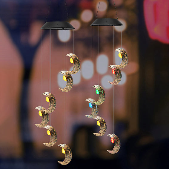 Contemporary Boho Solar Waterproof ABS Metal Moon Sun Star Decoration Wind Chime Hanging LED Outdoor Light Landscape Lighting For Outdoor Patio Cuvalon