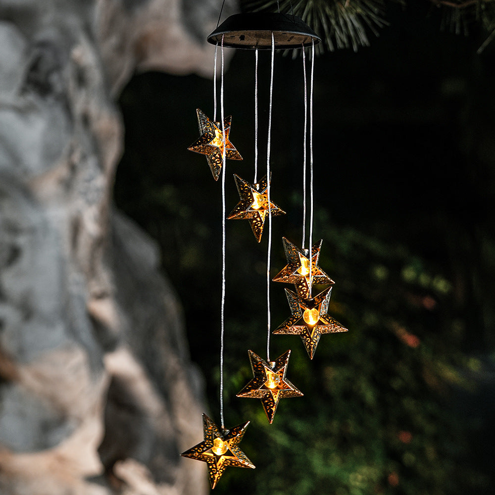 Contemporary Boho Solar Waterproof ABS Metal Moon Sun Star Decoration Wind Chime Hanging LED Outdoor Light Landscape Lighting For Outdoor Patio Cuvalon