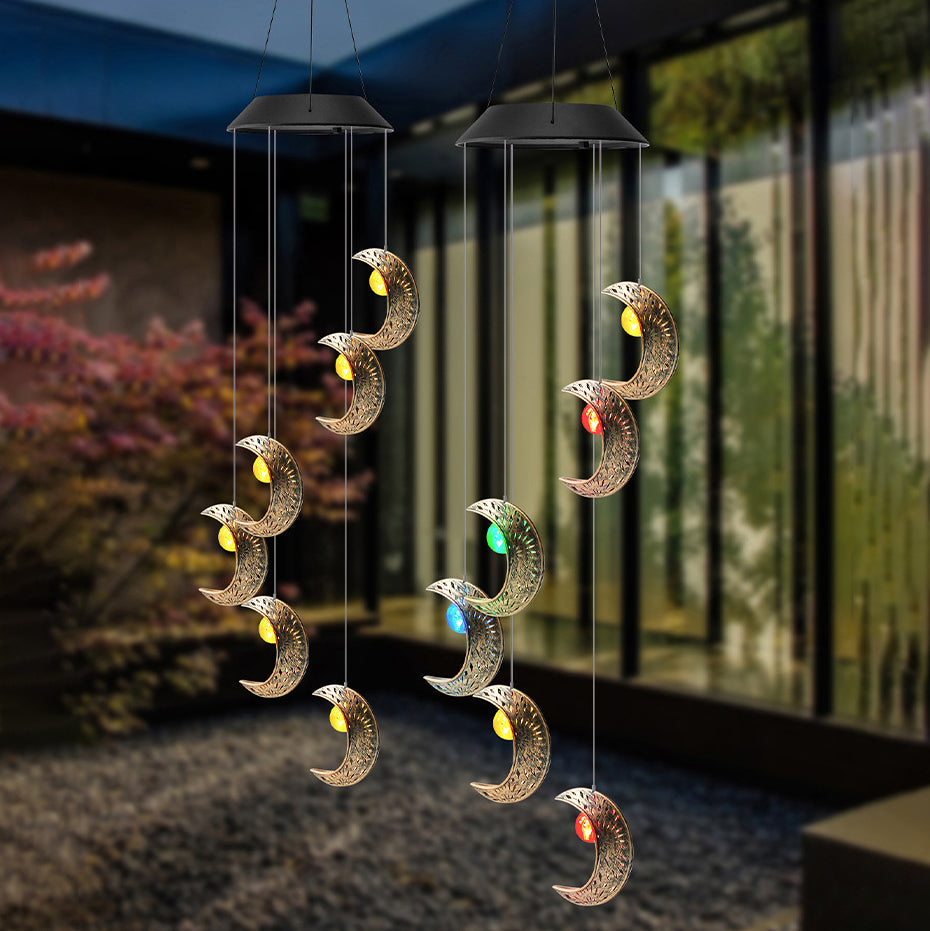 Contemporary Boho Solar Waterproof ABS Metal Moon Sun Star Decoration Wind Chime Hanging LED Outdoor Light Landscape Lighting For Outdoor Patio Cuvalon