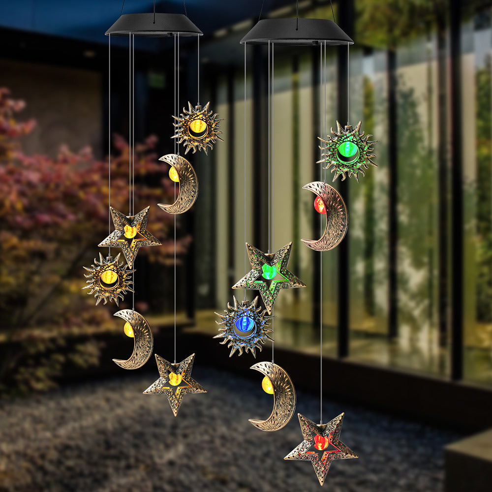 Contemporary Boho Solar Waterproof ABS Metal Moon Sun Star Decoration Wind Chime Hanging LED Outdoor Light Landscape Lighting For Outdoor Patio Cuvalon
