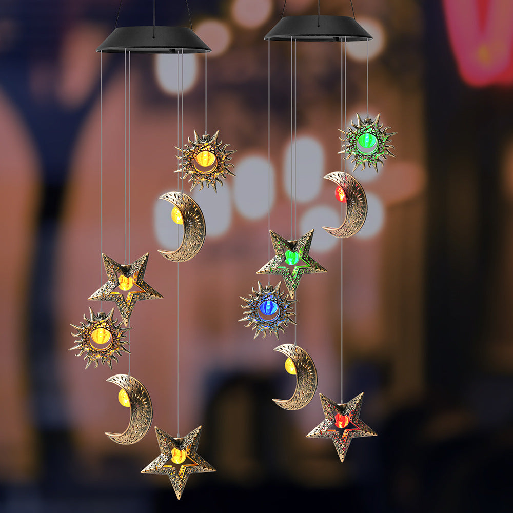 Contemporary Boho Solar Waterproof ABS Metal Moon Sun Star Decoration Wind Chime Hanging LED Outdoor Light Landscape Lighting For Outdoor Patio Cuvalon