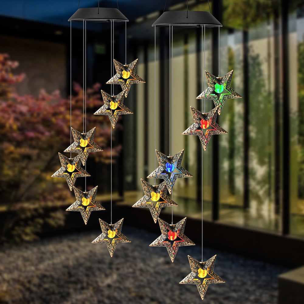 Contemporary Boho Solar Waterproof ABS Metal Moon Sun Star Decoration Wind Chime Hanging LED Outdoor Light Landscape Lighting For Outdoor Patio Cuvalon