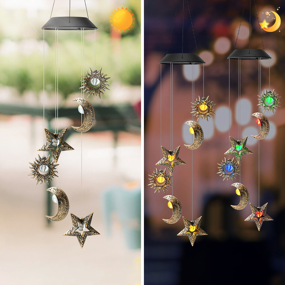 Contemporary Boho Solar Waterproof ABS Metal Moon Sun Star Decoration Wind Chime Hanging LED Outdoor Light Landscape Lighting For Outdoor Patio Cuvalon