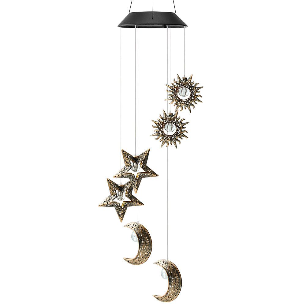 Contemporary Boho Solar Waterproof ABS Metal Moon Sun Star Decoration Wind Chime Hanging LED Outdoor Light Landscape Lighting For Outdoor Patio Cuvalon