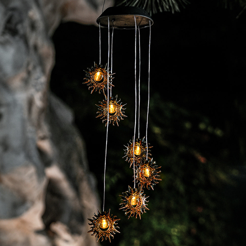 Contemporary Boho Solar Waterproof ABS Metal Moon Sun Star Decoration Wind Chime Hanging LED Outdoor Light Landscape Lighting For Outdoor Patio Cuvalon