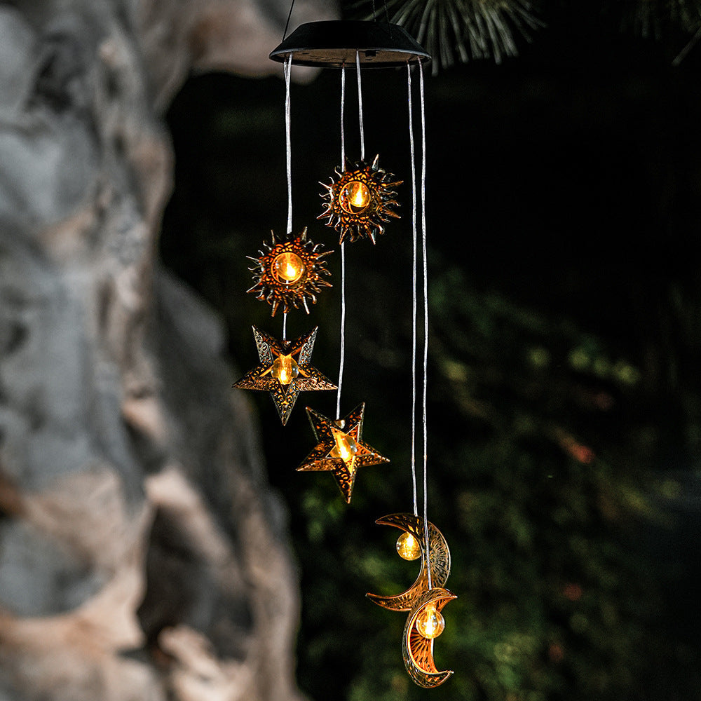 Contemporary Boho Solar Waterproof ABS Metal Moon Sun Star Decoration Wind Chime Hanging LED Outdoor Light Landscape Lighting For Outdoor Patio Cuvalon