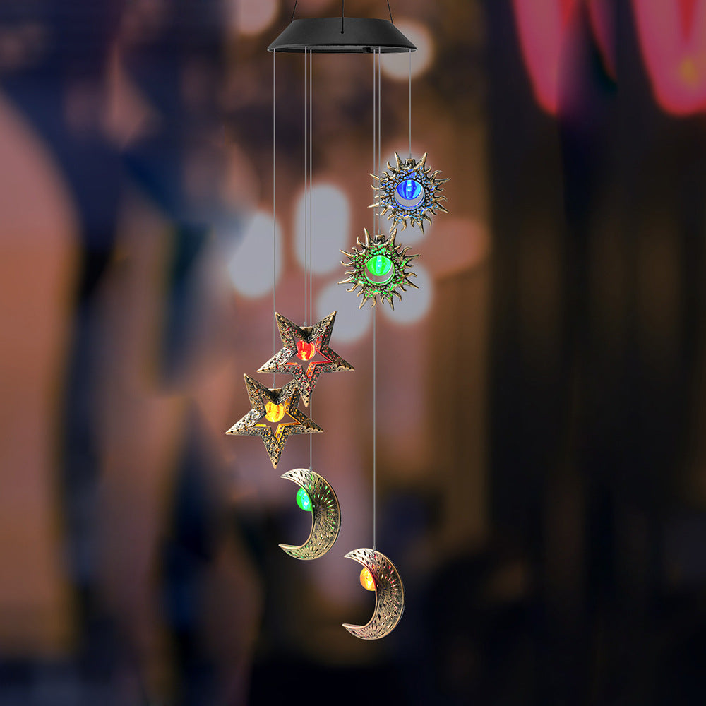 Contemporary Boho Solar Waterproof ABS Metal Moon Sun Star Decoration Wind Chime Hanging LED Outdoor Light Landscape Lighting For Outdoor Patio Cuvalon