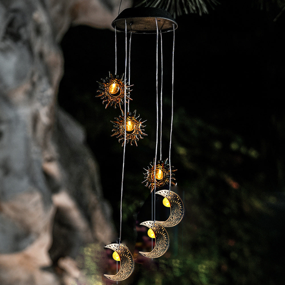Contemporary Boho Solar Waterproof ABS Metal Moon Sun Star Decoration Wind Chime Hanging LED Outdoor Light Landscape Lighting For Outdoor Patio Cuvalon