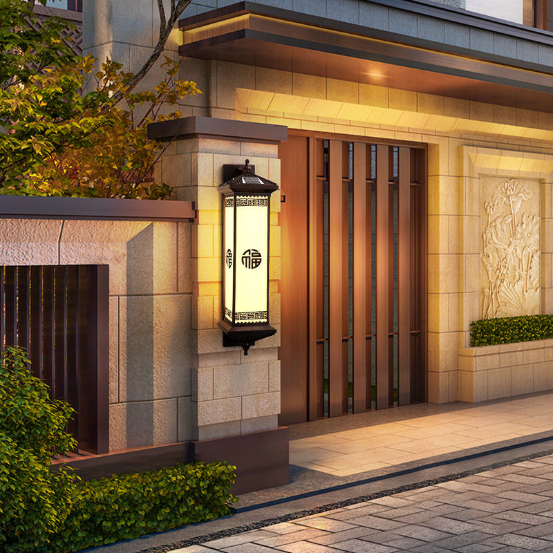 Traditional Chinese Solar Waterproof ABS Aluminum Glass Rectangular Happiness Wealth Pattern LED Wall Sconce Lamp For Outdoor Patio Cuvalon