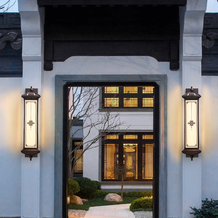 Traditional Chinese Solar Waterproof ABS Aluminum Glass Rectangular Happiness Wealth Pattern LED Wall Sconce Lamp For Outdoor Patio Cuvalon