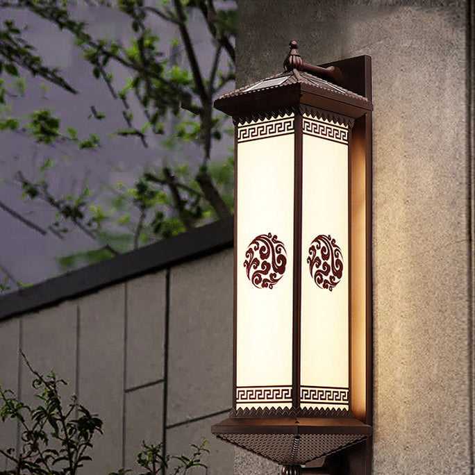 Traditional Chinese Solar Waterproof ABS Aluminum Glass Rectangular Happiness Wealth Pattern LED Wall Sconce Lamp For Outdoor Patio Cuvalon