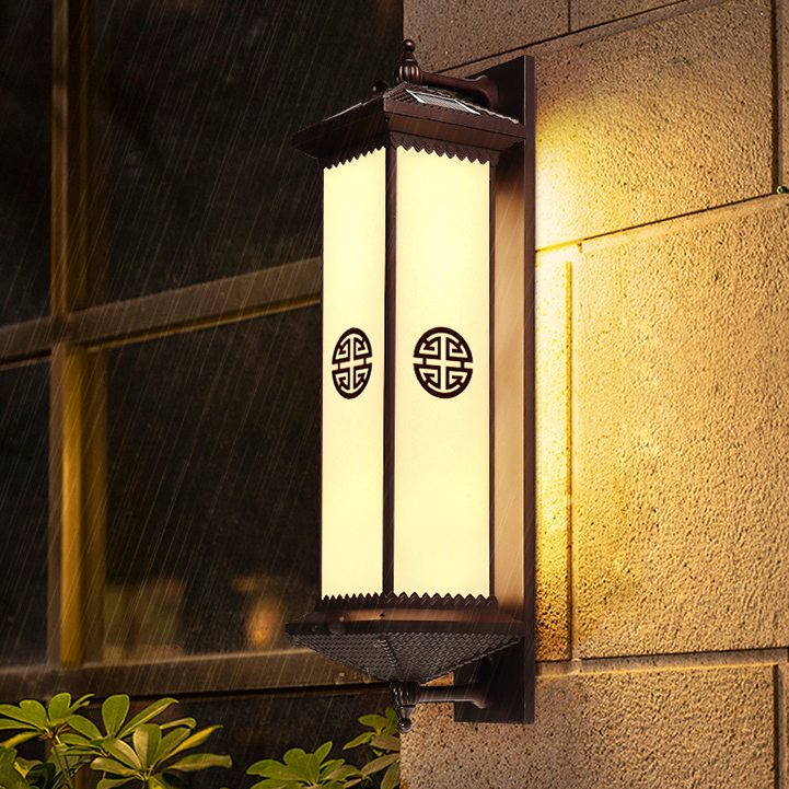 Traditional Chinese Solar Waterproof ABS Aluminum Glass Rectangular Happiness Wealth Pattern LED Wall Sconce Lamp For Outdoor Patio Cuvalon