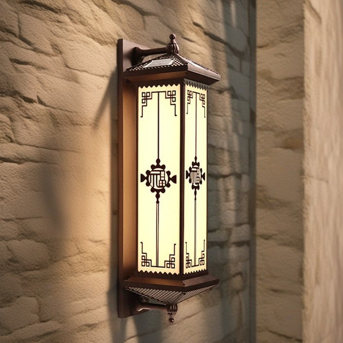 Traditional Chinese Solar Waterproof ABS Aluminum Glass Rectangular Happiness Wealth Pattern LED Wall Sconce Lamp For Outdoor Patio Cuvalon