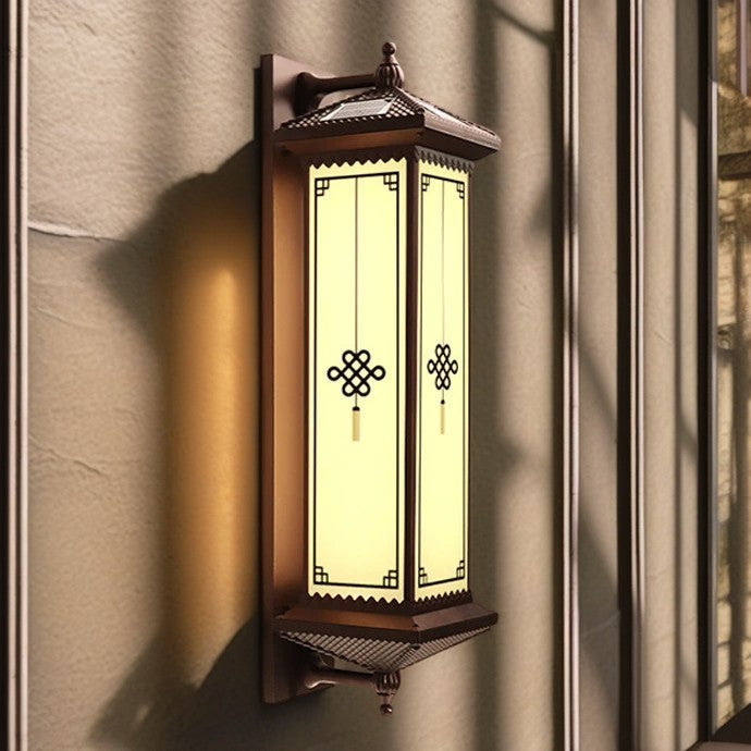 Traditional Chinese Solar Waterproof ABS Aluminum Glass Rectangular Happiness Wealth Pattern LED Wall Sconce Lamp For Outdoor Patio Cuvalon