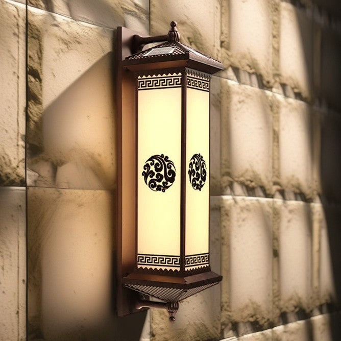 Traditional Chinese Solar Waterproof ABS Aluminum Glass Rectangular Happiness Wealth Pattern LED Wall Sconce Lamp For Outdoor Patio Cuvalon