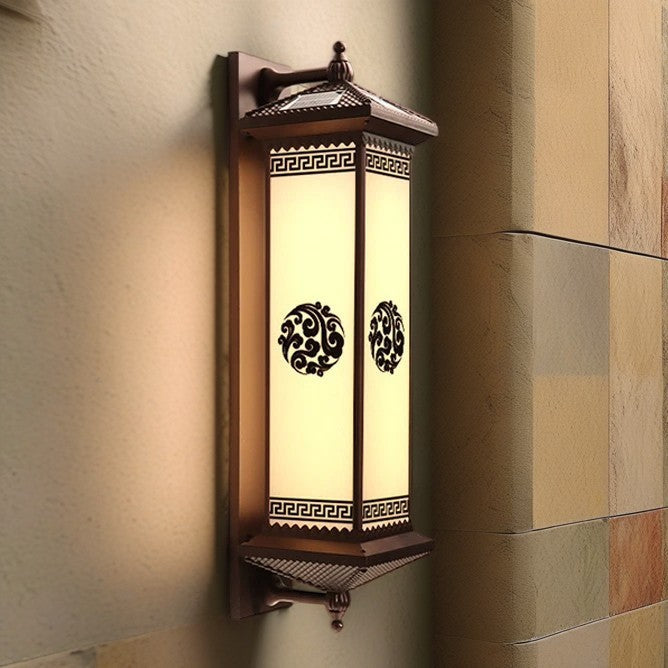 Traditional Chinese Solar Waterproof ABS Aluminum Glass Rectangular Happiness Wealth Pattern LED Wall Sconce Lamp For Outdoor Patio Cuvalon