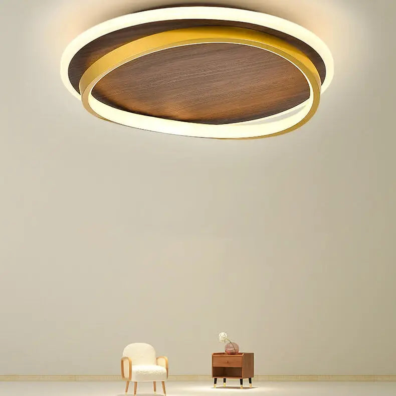 Nordic Minimalist Circular Walnut Grain LED Flush Mount Ceiling Light Cuvalon