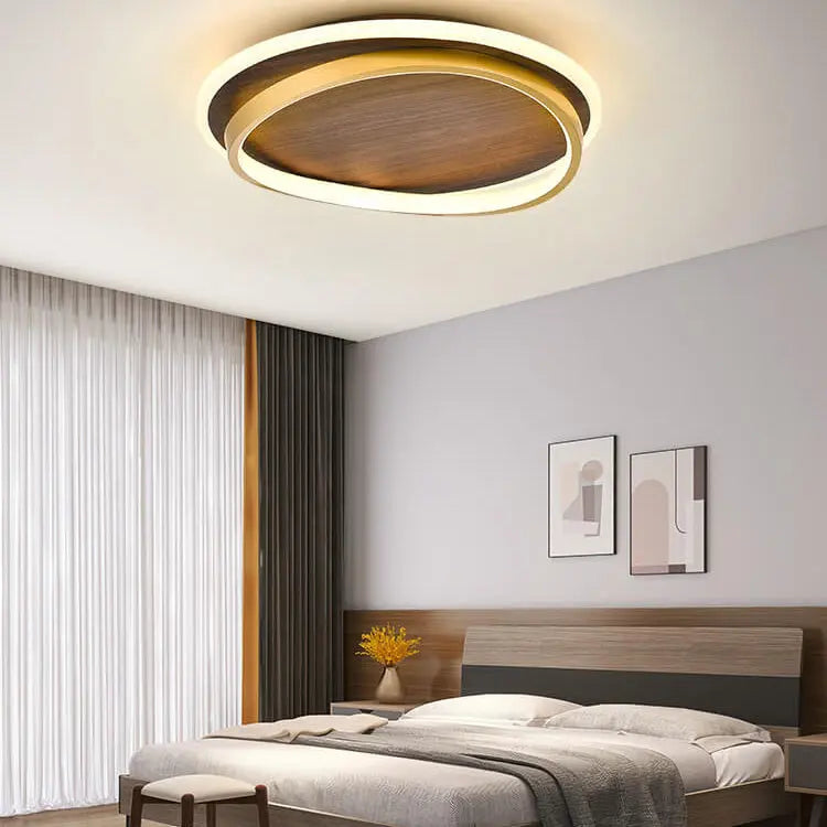 Nordic Minimalist Circular Walnut Grain LED Flush Mount Ceiling Light Cuvalon