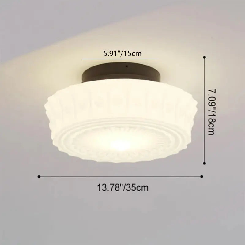 French Vintage White Jade Glass Stripes Round Drum LED Semi-Flush Mount Ceiling Light Cuvalon