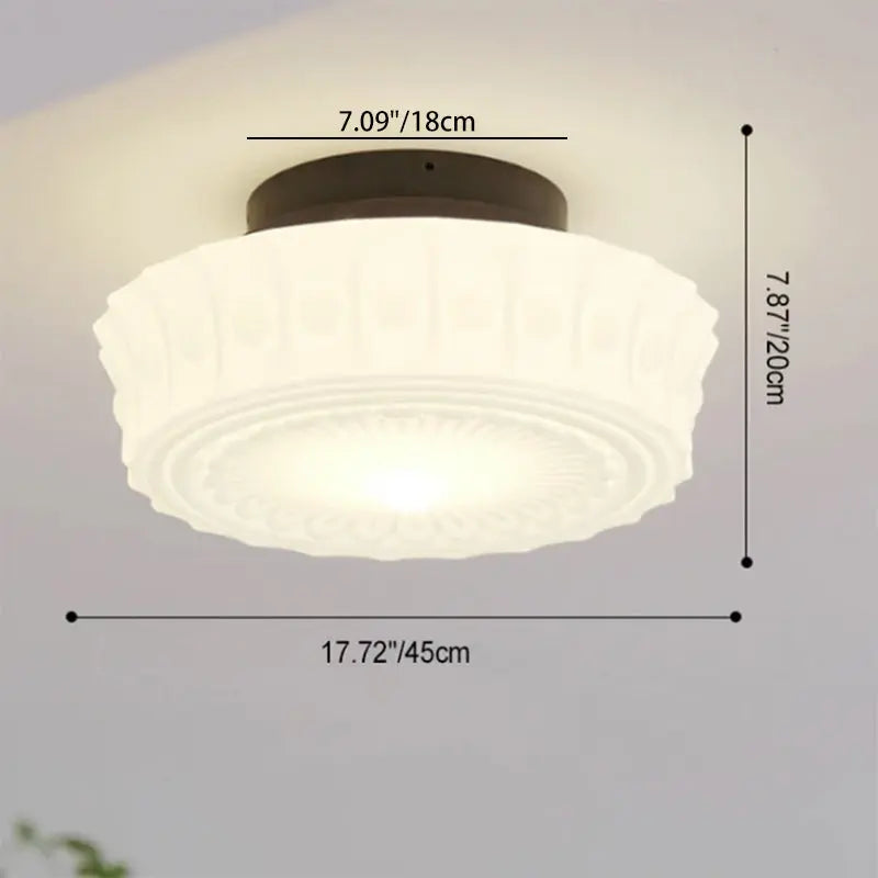 French Vintage White Jade Glass Stripes Round Drum LED Semi-Flush Mount Ceiling Light Cuvalon