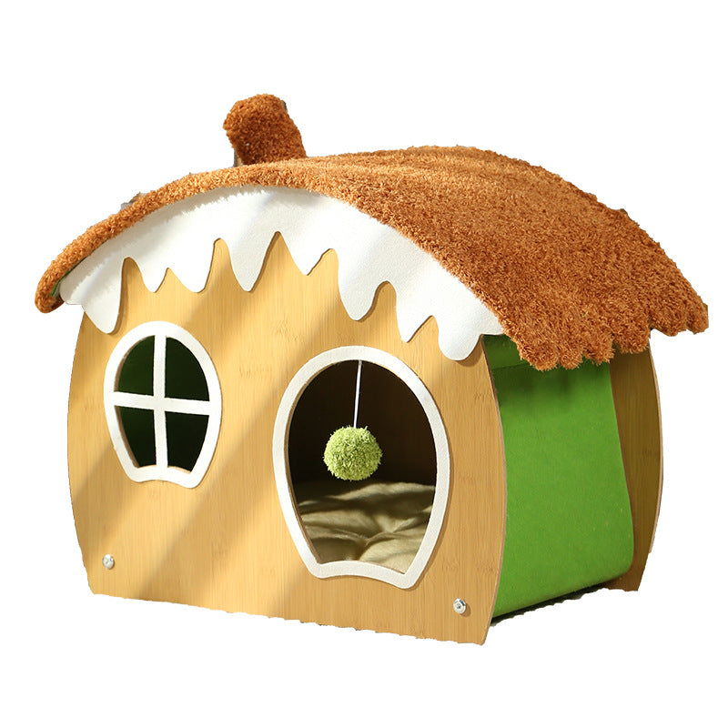 Contemporary Creative Curved House-Shaped Medium Density Fiberboard Teddy Fleece Fabric Cat Bed Dog Bed Toy Ball For Bedroom Cuvalon