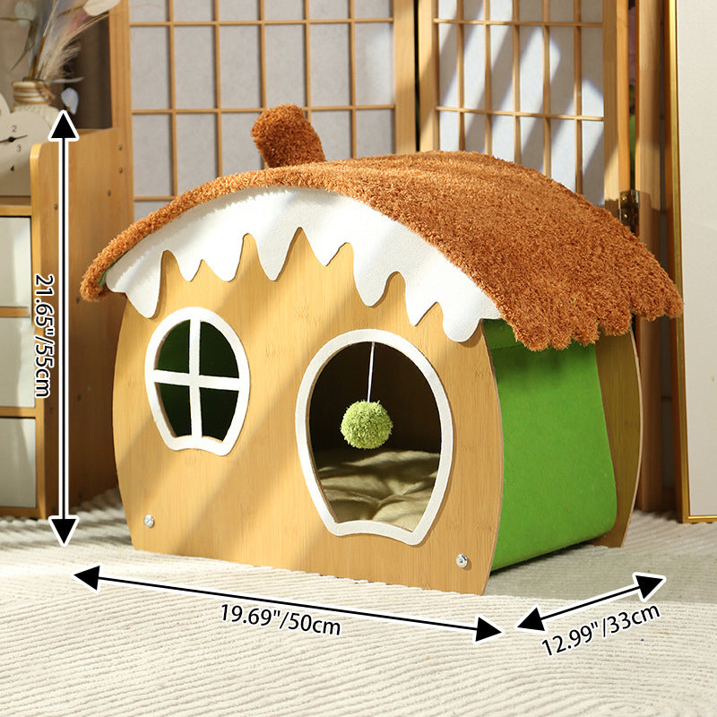 Contemporary Creative Curved House-Shaped Medium Density Fiberboard Teddy Fleece Fabric Cat Bed Dog Bed Toy Ball For Bedroom Cuvalon