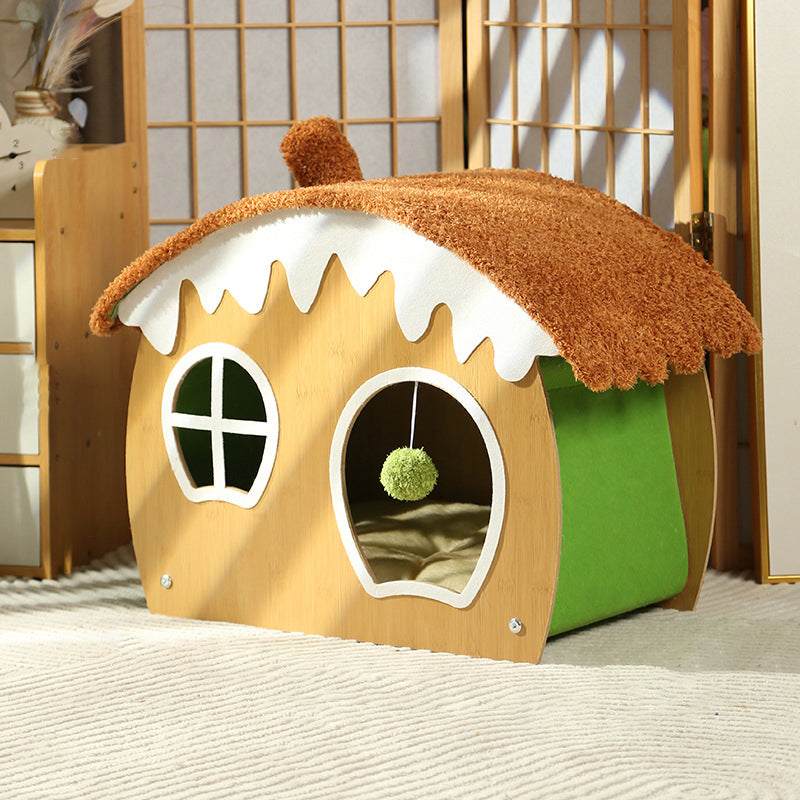 Contemporary Creative Curved House-Shaped Medium Density Fiberboard Teddy Fleece Fabric Cat Bed Dog Bed Toy Ball For Bedroom Cuvalon
