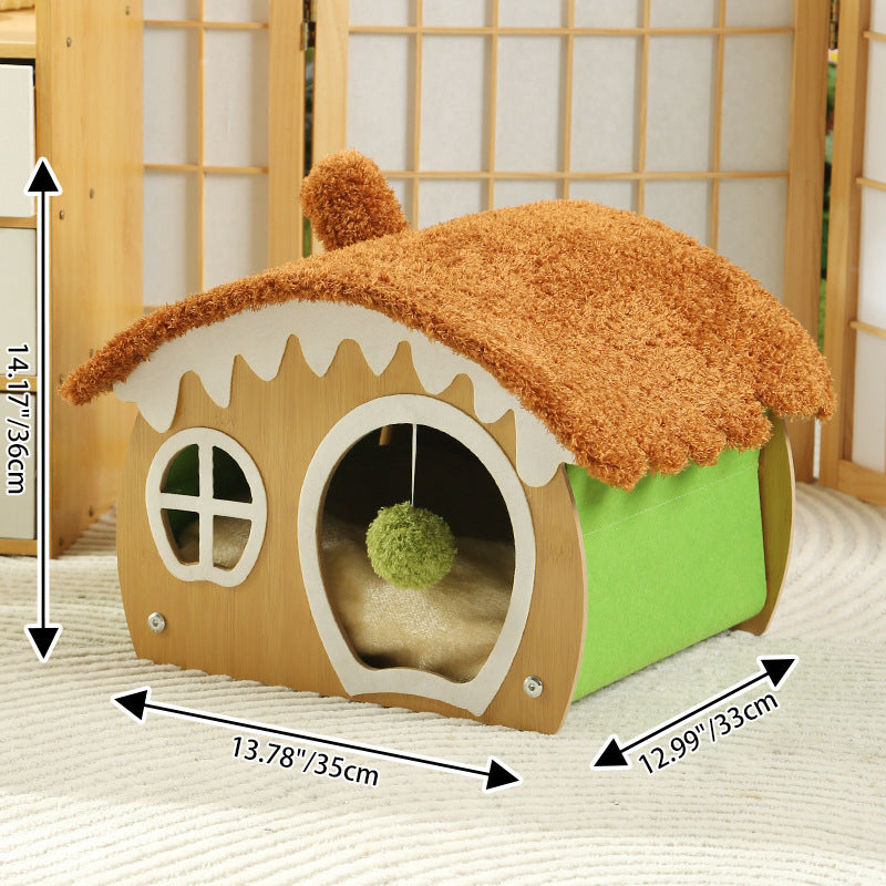 Contemporary Creative Curved House-Shaped Medium Density Fiberboard Teddy Fleece Fabric Cat Bed Dog Bed Toy Ball For Bedroom Cuvalon