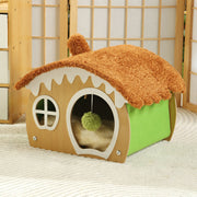 Contemporary Creative Curved House-Shaped Medium Density Fiberboard Teddy Fleece Fabric Cat Bed Dog Bed Toy Ball For Bedroom Cuvalon
