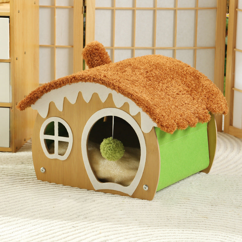 Contemporary Creative Curved House-Shaped Medium Density Fiberboard Teddy Fleece Fabric Cat Bed Dog Bed Toy Ball For Bedroom Cuvalon
