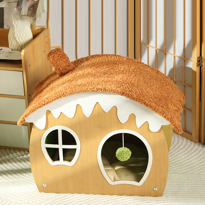 Contemporary Creative Curved House-Shaped Medium Density Fiberboard Teddy Fleece Fabric Cat Bed Dog Bed Toy Ball For Bedroom Cuvalon