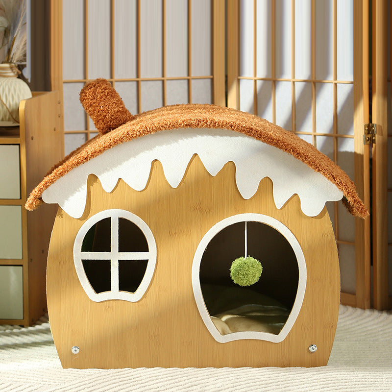 Contemporary Creative Curved House-Shaped Medium Density Fiberboard Teddy Fleece Fabric Cat Bed Dog Bed Toy Ball For Bedroom Cuvalon