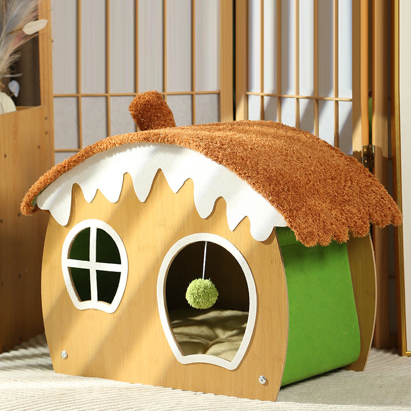 Contemporary Creative Curved House-Shaped Medium Density Fiberboard Teddy Fleece Fabric Cat Bed Dog Bed Toy Ball For Bedroom Cuvalon